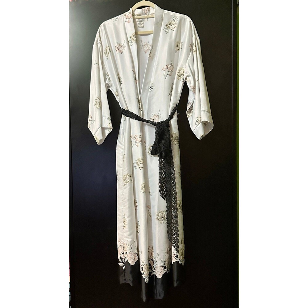 Women's Dentelle floral print satin robe with lace trim M